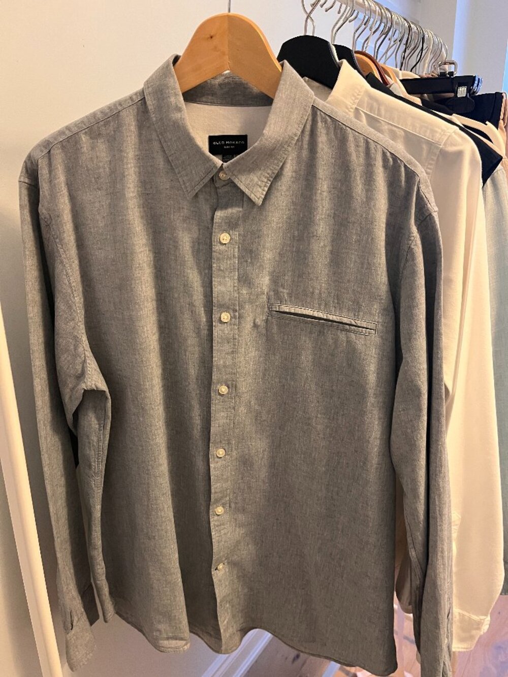 UNISEX CLUB MONACO BLUE/GREY SHIRT, COTTON/LINEN, SIZE XL